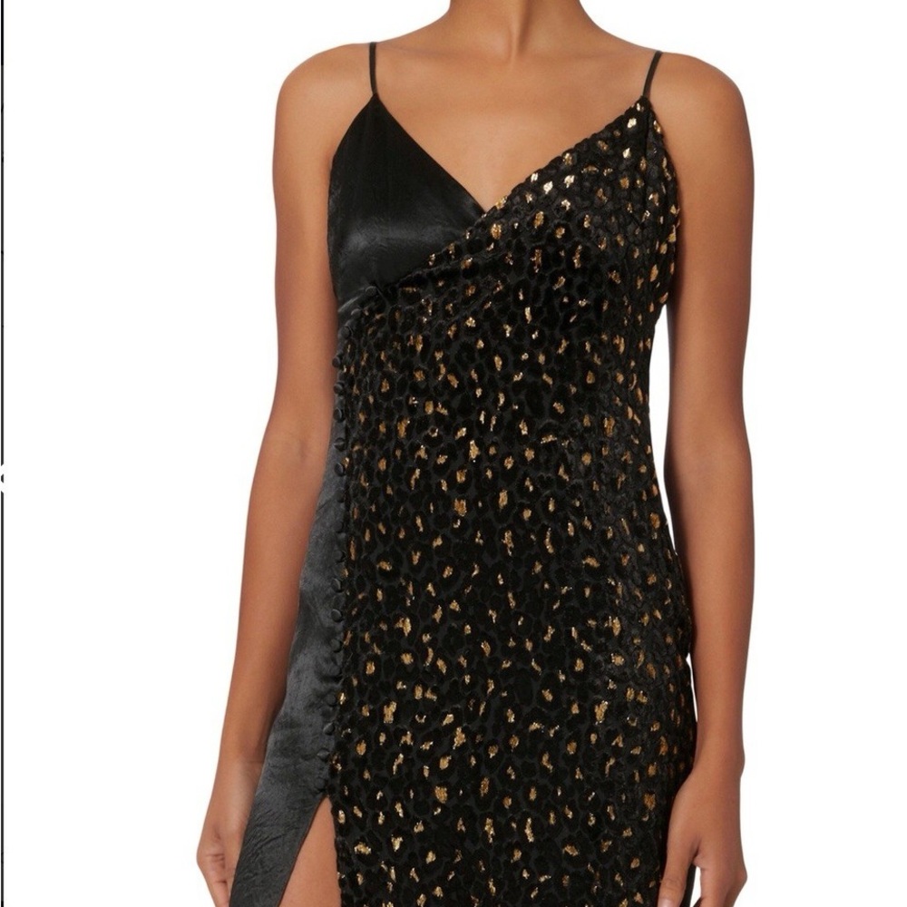 INTERMIX Ava Slip Velvet Black/Gold Leopard Print Midi Slip Dress with Slit Sz.6